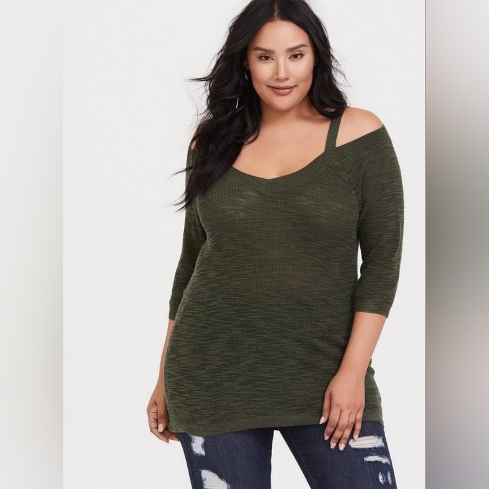 Slub Pullover Tunic V-Neck Cold Shoulder Sweater (B1-2)